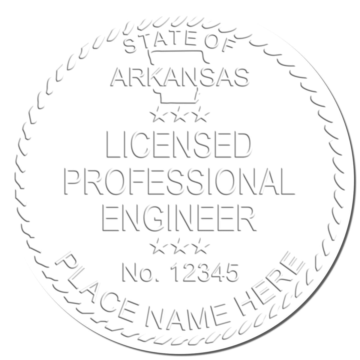 A photograph of the Handheld Arkansas Professional Engineer Embosser stamp impression reveals a vivid, professional image of the on paper.