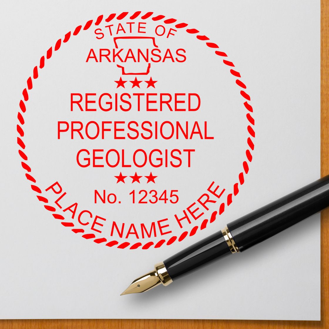 A stamped imprint of the Slim Pre-Inked Arkansas Professional Geologist Seal Stamp in this stylish lifestyle photo, setting the tone for a unique and personalized product.