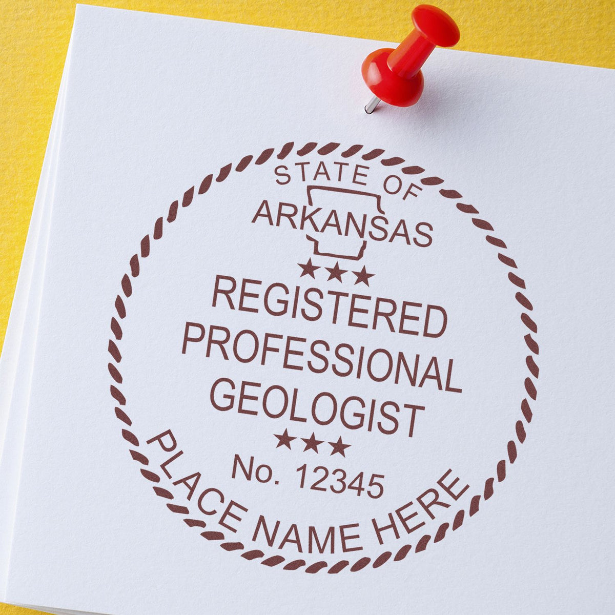 A photograph of the Premium MaxLight Pre-Inked Arkansas Geology Stamp stamp impression reveals a vivid, professional image of the on paper.