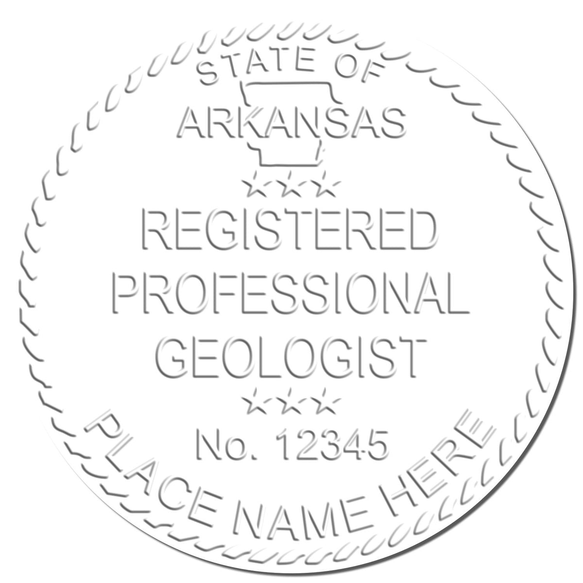 A photograph of the State of Arkansas Extended Long Reach Geologist Seal stamp impression reveals a vivid, professional image of the on paper.