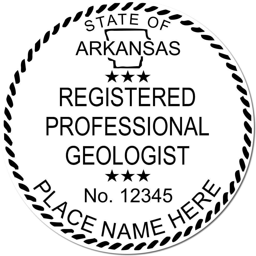 This paper is stamped with a sample imprint of the Slim Pre-Inked Arkansas Professional Geologist Seal Stamp, signifying its quality and reliability.