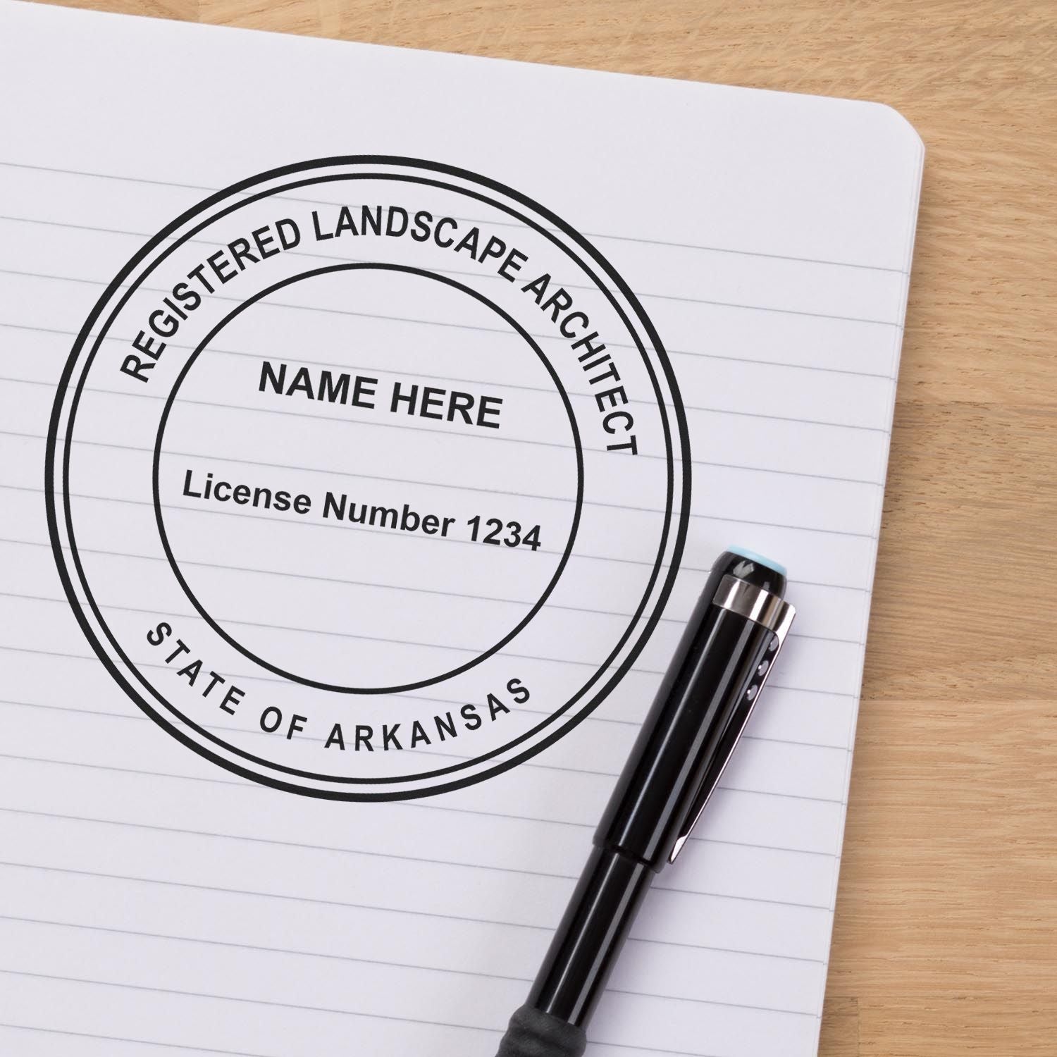 The main image for the Digital Arkansas Landscape Architect Stamp depicting a sample of the imprint and electronic files