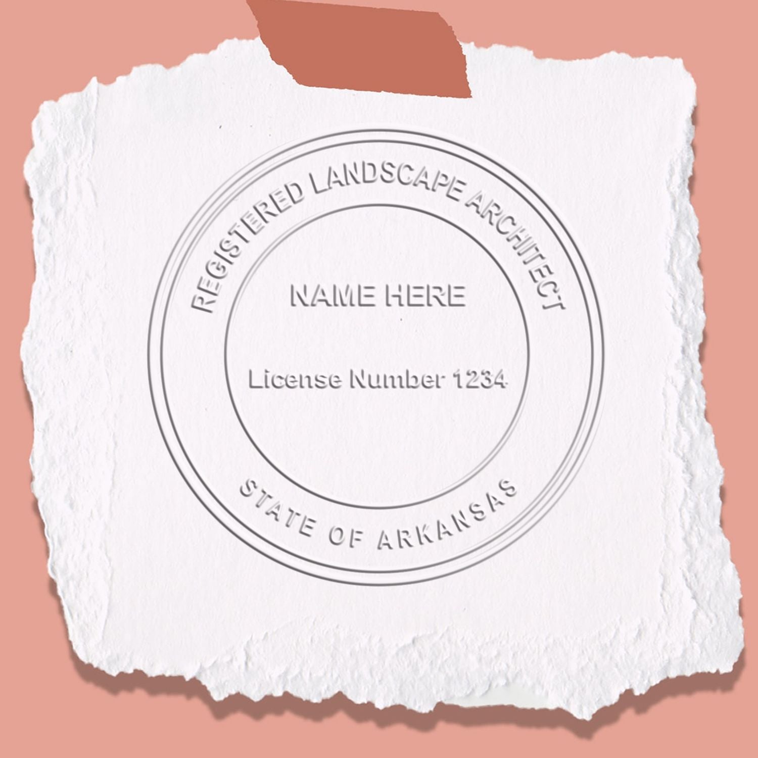 A photograph of the Hybrid Arkansas Landscape Architect Seal stamp impression reveals a vivid, professional image of the on paper.