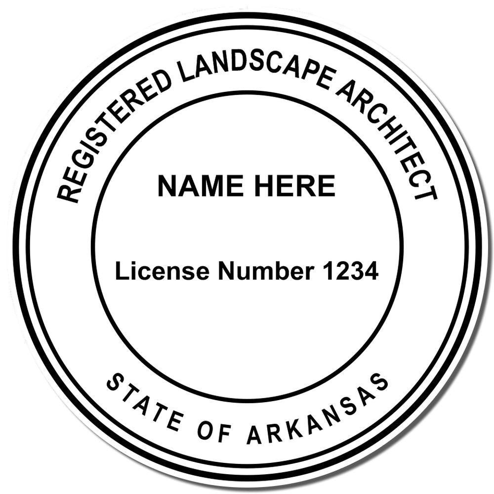 A lifestyle photo showing a stamped image of the Slim Pre-Inked Arkansas Landscape Architect Seal Stamp on a piece of paper