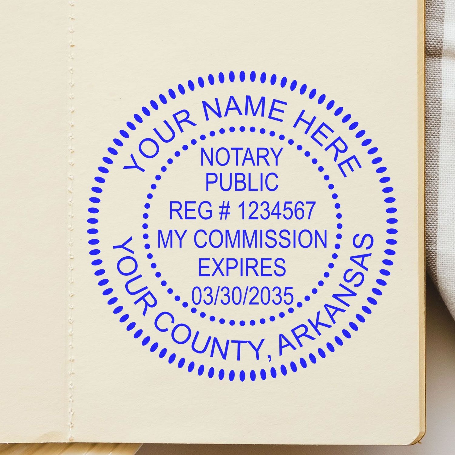 The Premium Pre-Inked Arkansas MaxLight Notary Public Stamp stamp impression comes to life with a crisp, detailed photo on paper - showcasing true professional quality.