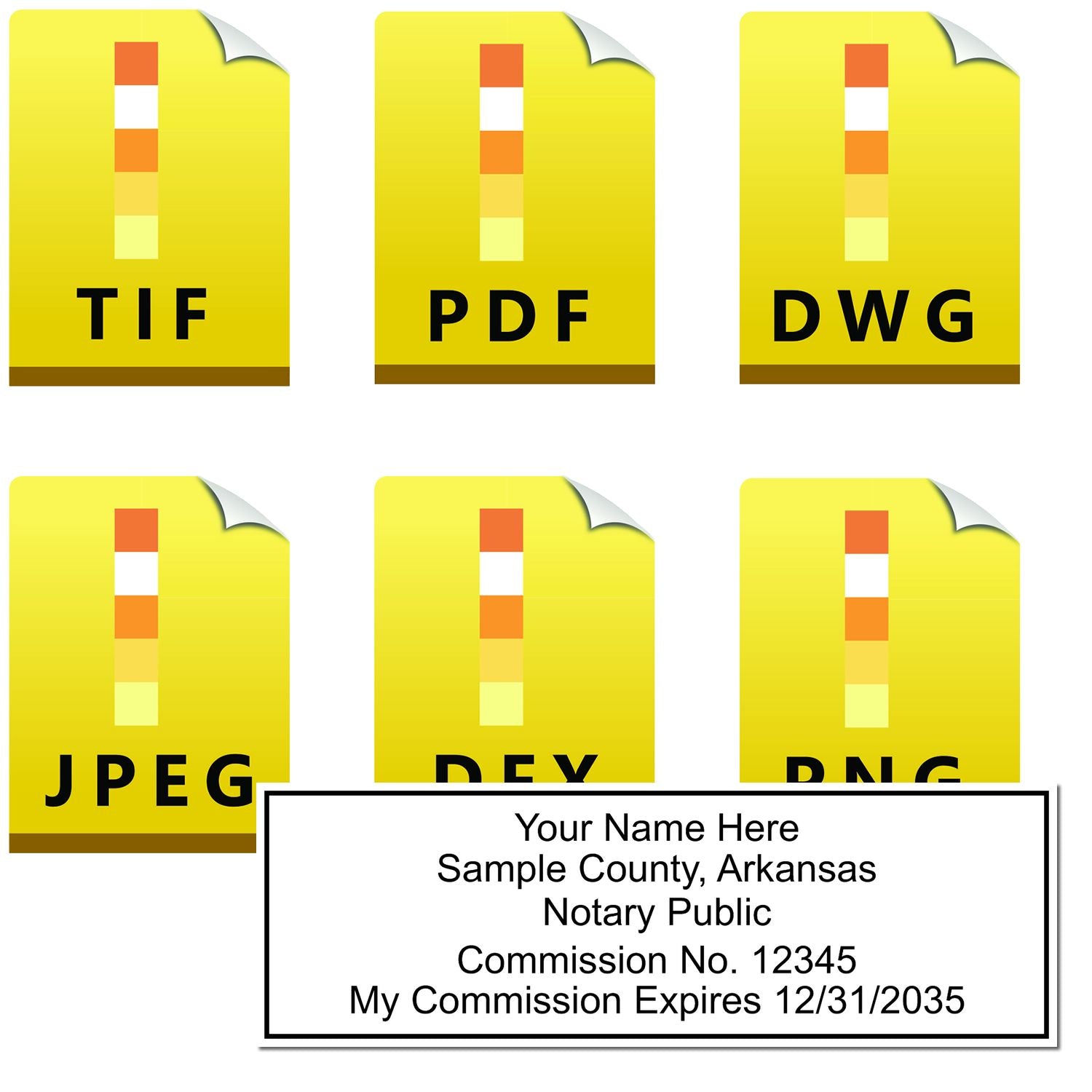 The main image for the Arkansas Rectangular Digital Notary Seal depicting a sample of the imprint and electronic files