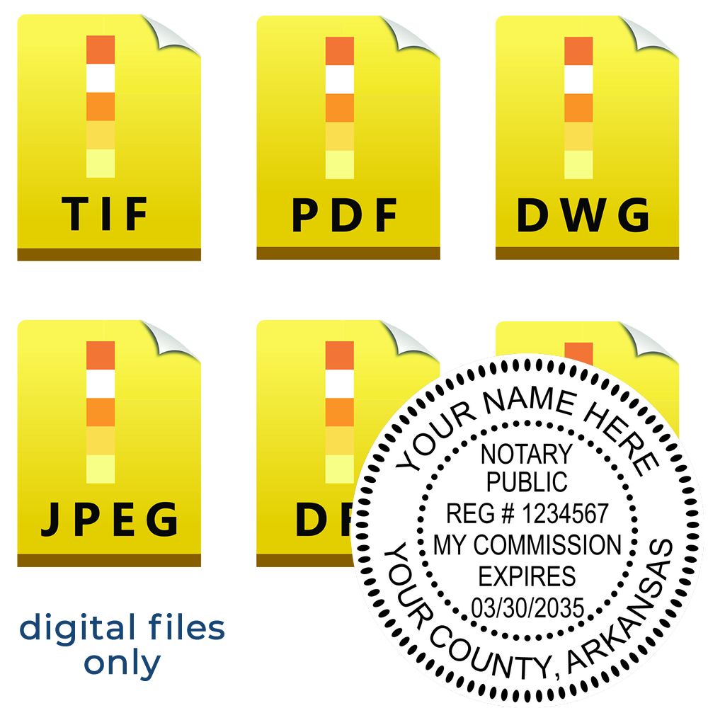 The main image for the Arkansas Round Electronic Notary Stamp depicting a sample of the imprint and electronic files