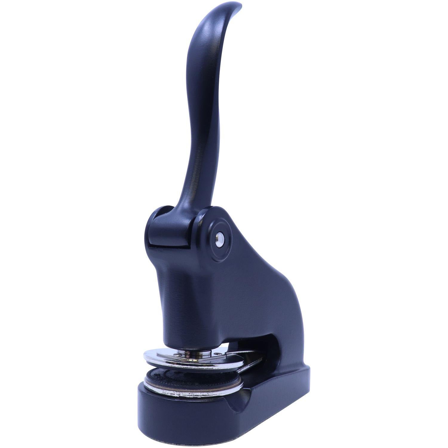 Forester Black Gift Seal Embosser with a sleek black design, featuring a long handle and a round imprint area, perfect for adding a professional touch.