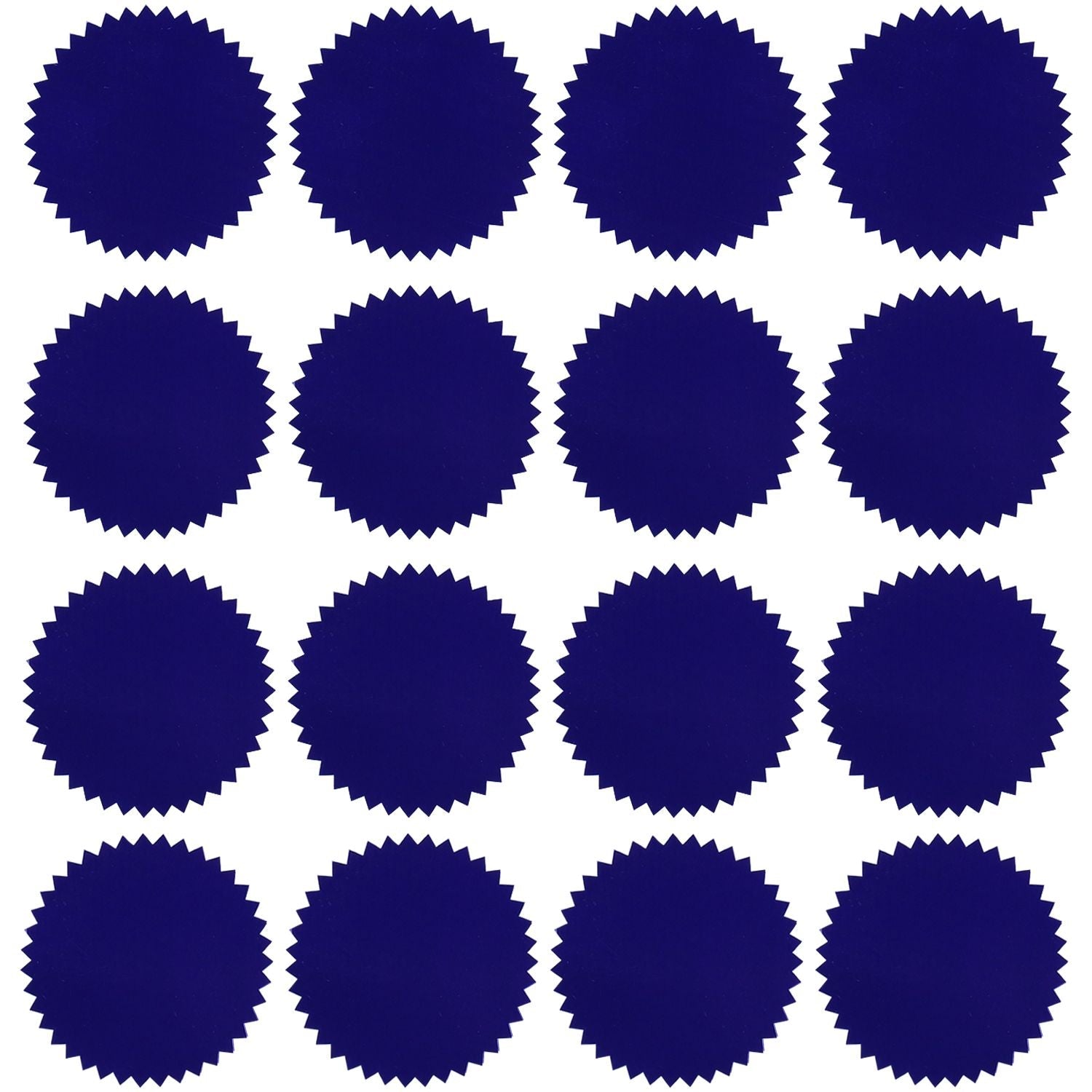 Roll of Blue Foil Seals (1,000 Total) arranged in a grid pattern, each seal featuring a scalloped edge design against a white background.