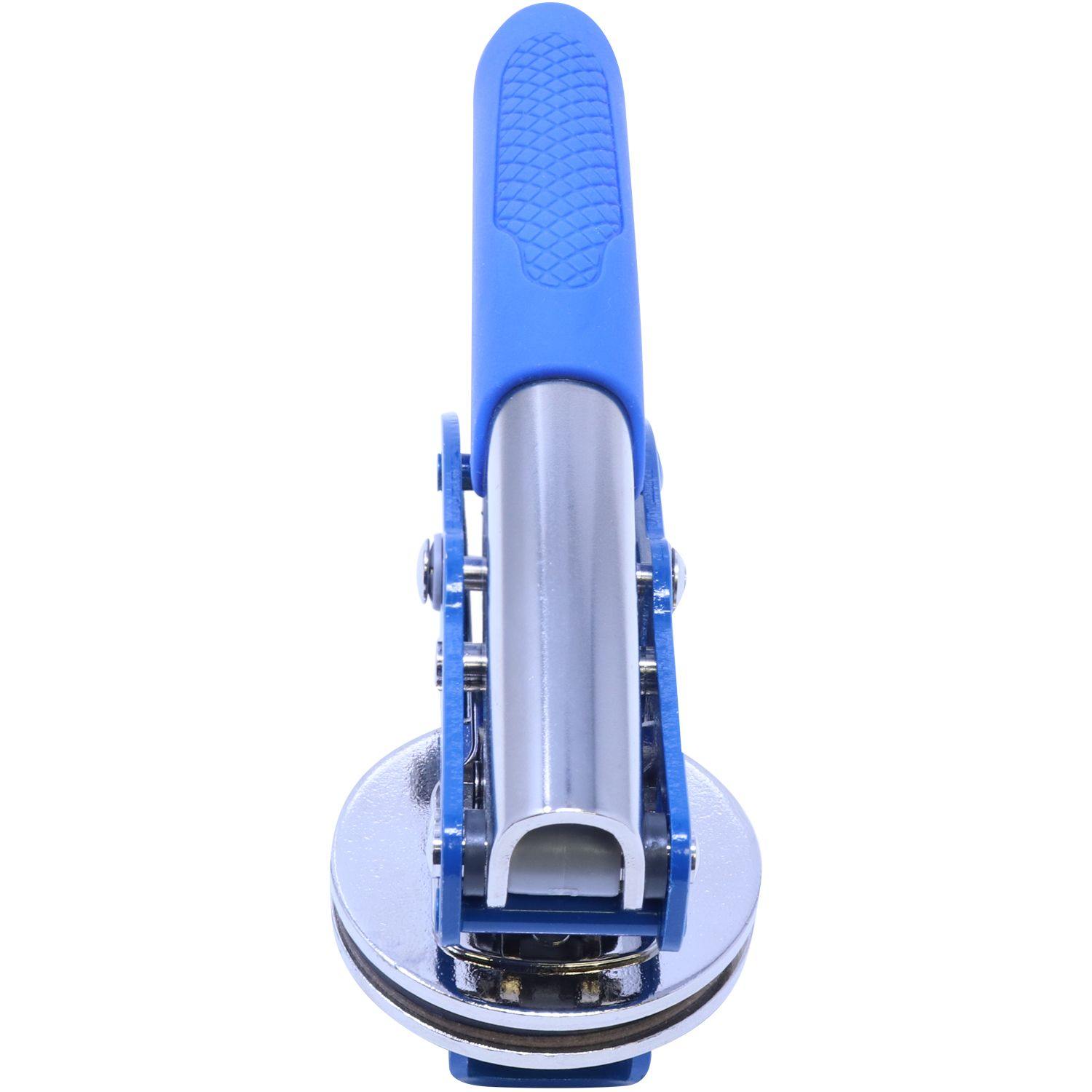 Professional Blue Soft Seal Embosser with a blue handle and metal body, shown from an angled front view.