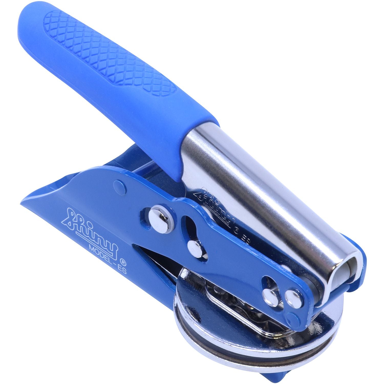 Blue Soft Handheld Notary Seal Embosser with a blue handle and metal body, angled left side view, designed for creating crisp notary imprints.