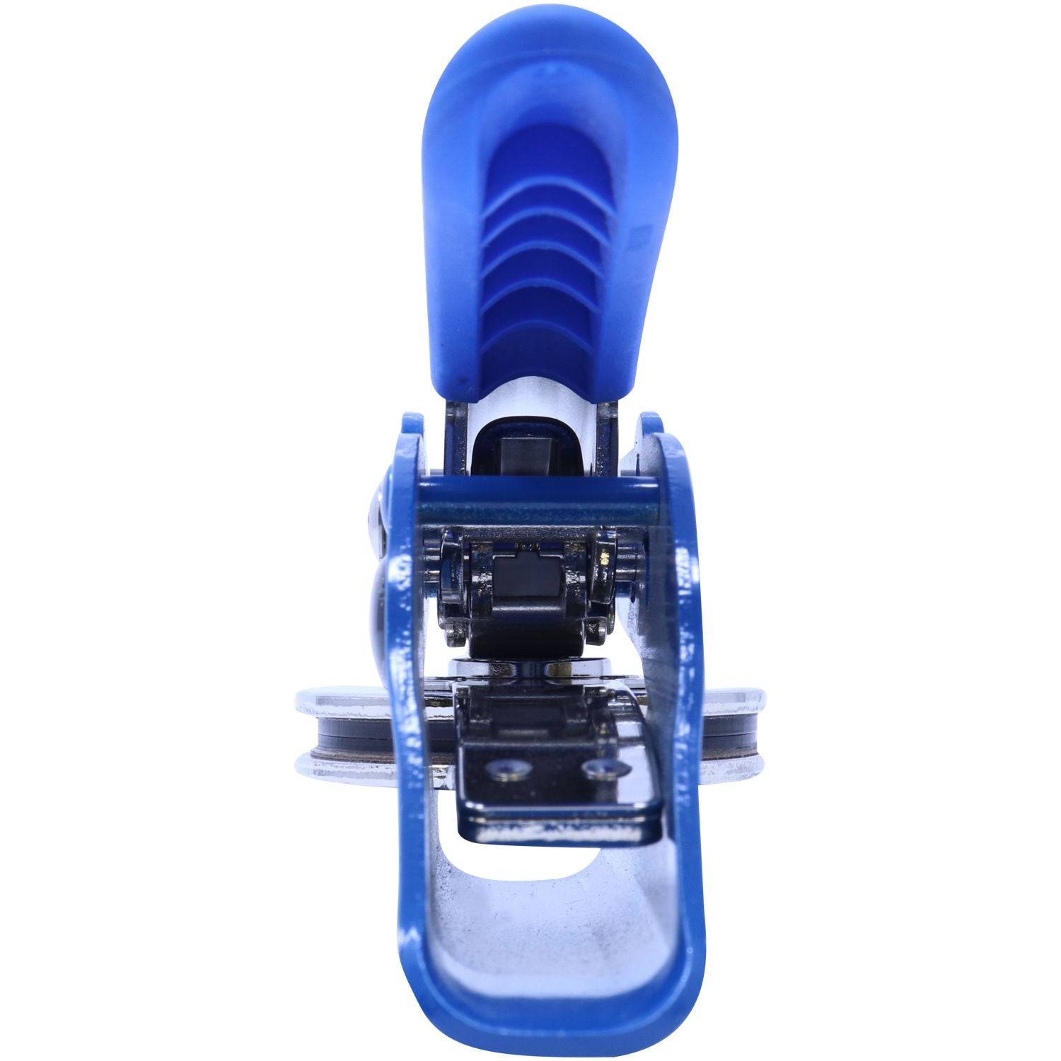 Professional Engineer Blue Soft Seal Embosser with a blue handle and metal components, shown from the back view. The embosser is designed for creating precise imprints.
