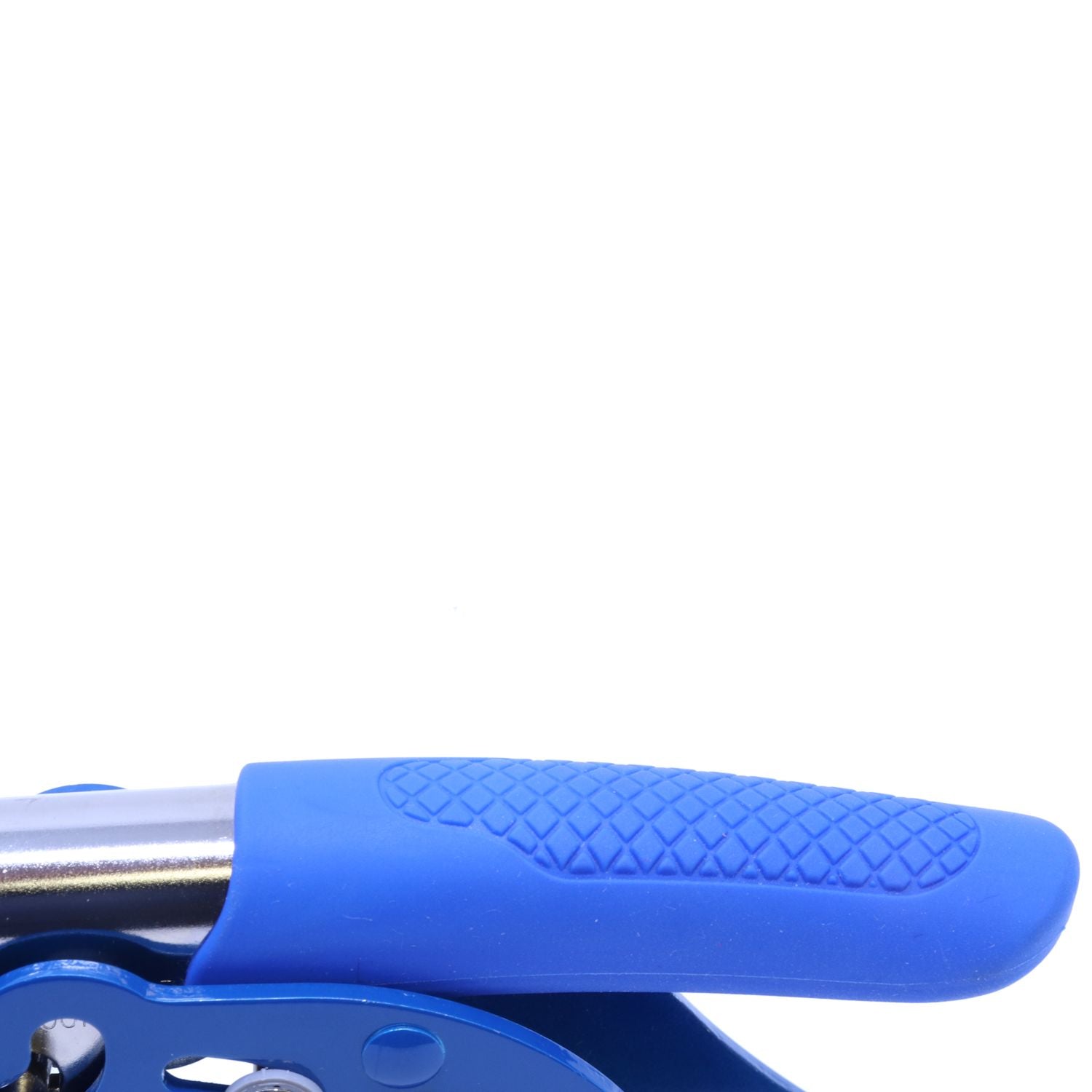 Close-up of the Blue Soft Handheld Notary Seal Embosser, showing the textured blue handle and part of the metal embossing mechanism.