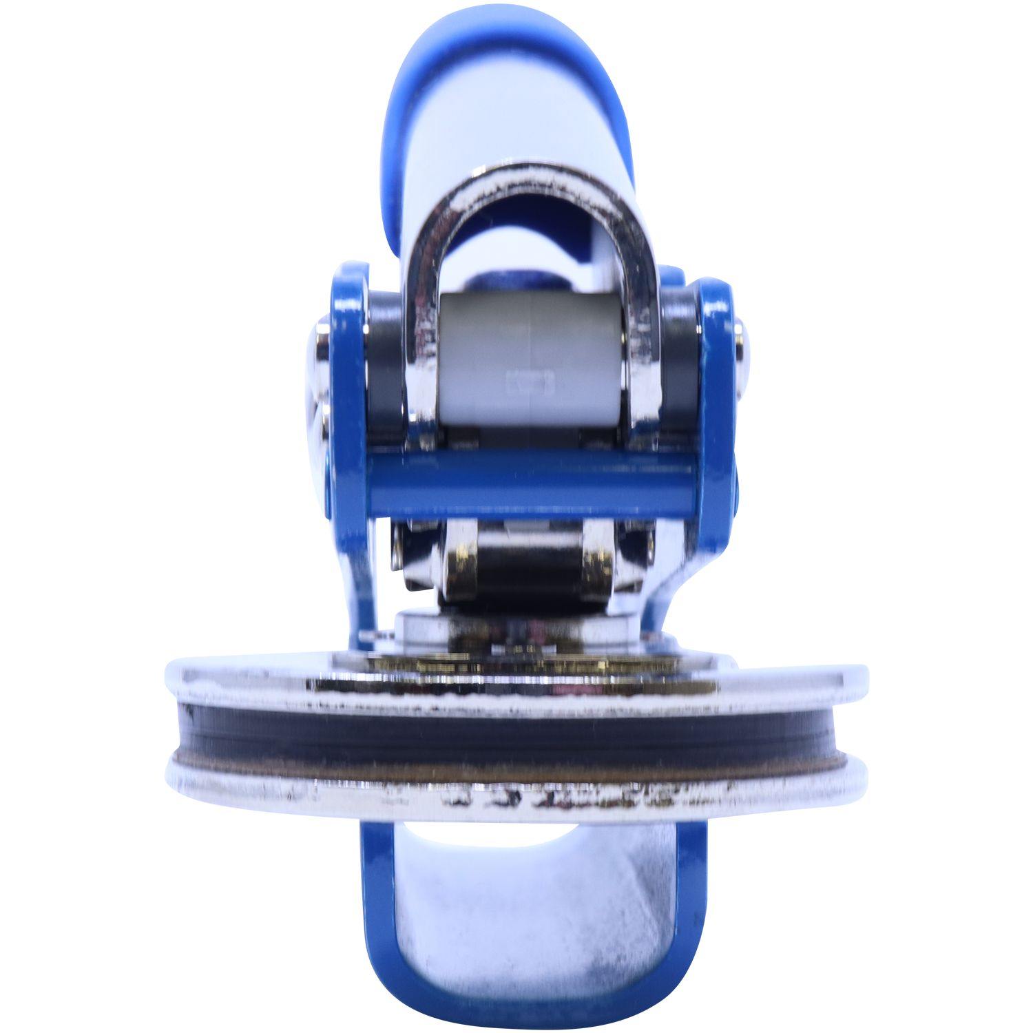 Public Weighmaster Blue Soft Seal Handheld Embosser, front view showing the blue handle and metal embossing mechanism.