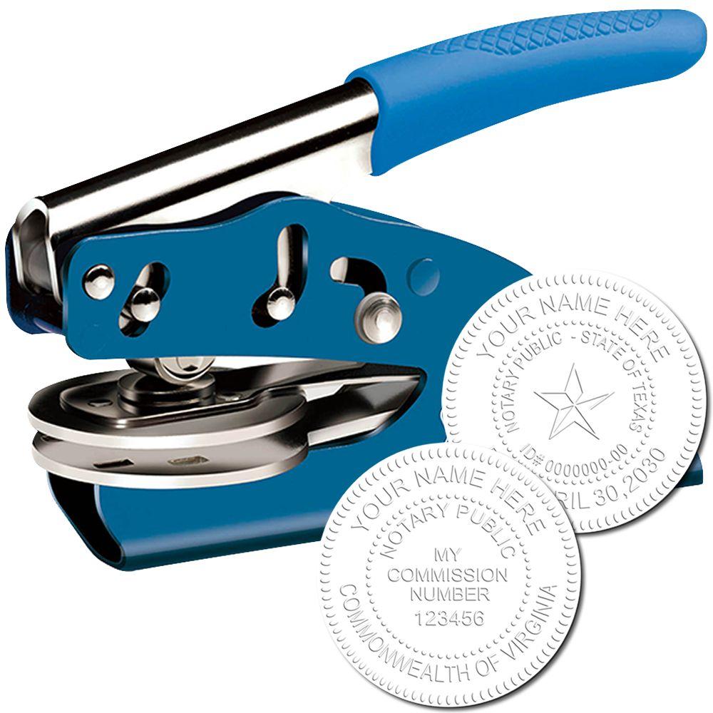 Blue Soft Handheld Notary Seal Embosser with ergonomic blue handle, shown with two sample embossed seals.