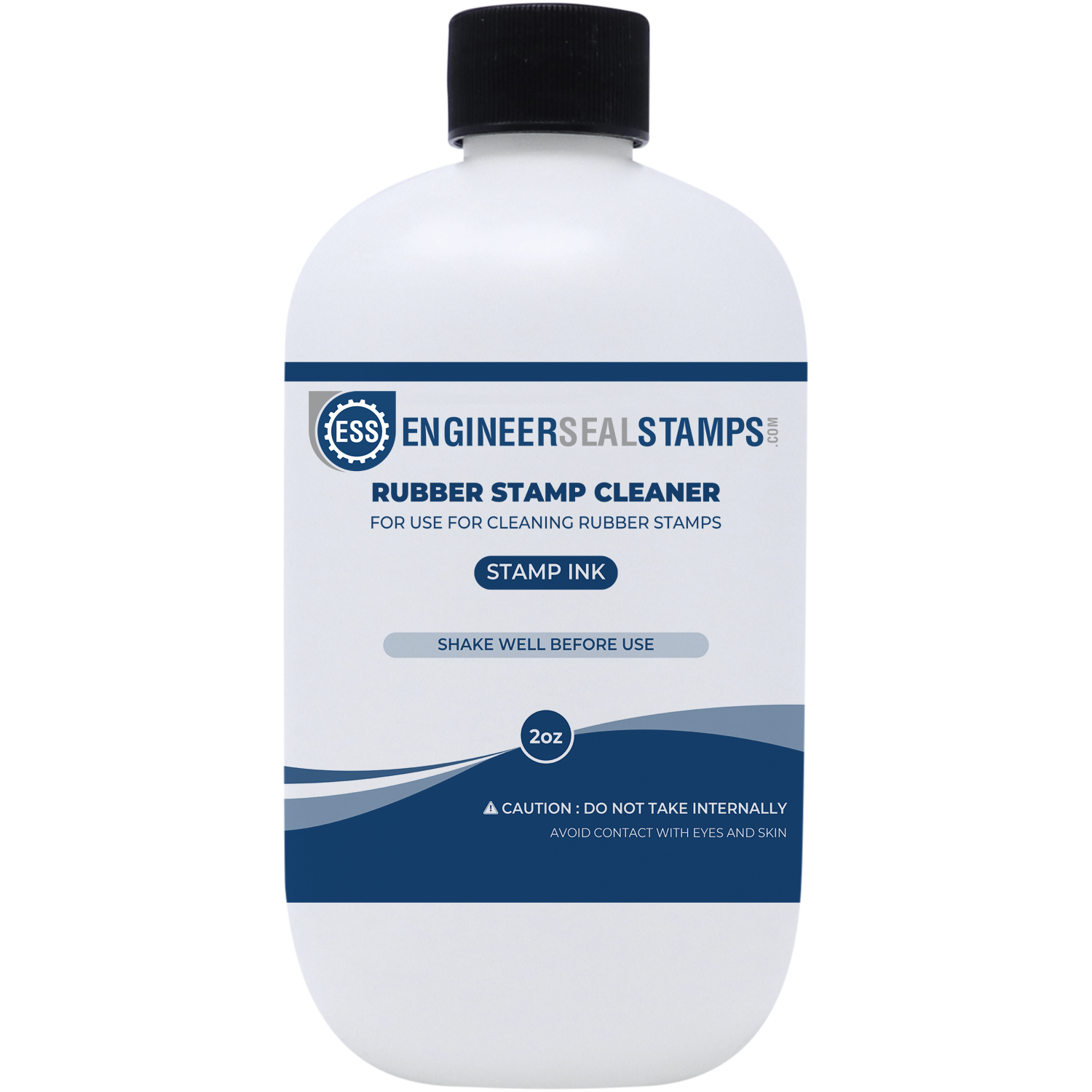 Bottle of Rubber Stamp Cleaner by Engineer Seal Stamps, 2oz, with instructions to shake well before use. Caution: Do not take internally.