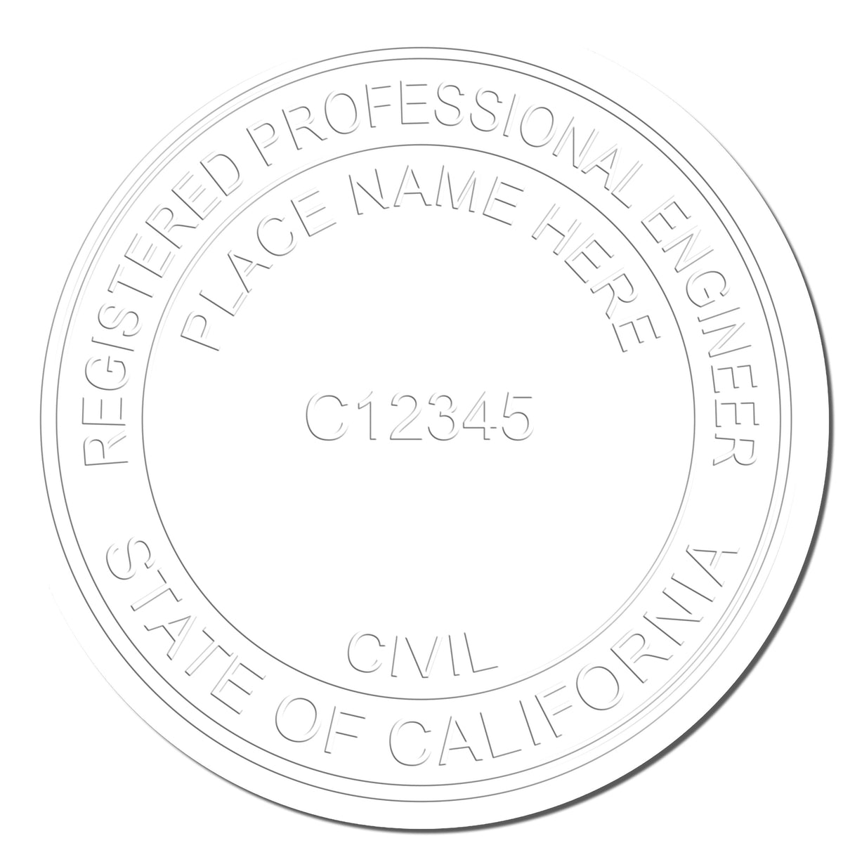A photograph of the Handheld California Professional Engineer Embosser stamp impression reveals a vivid, professional image of the on paper.