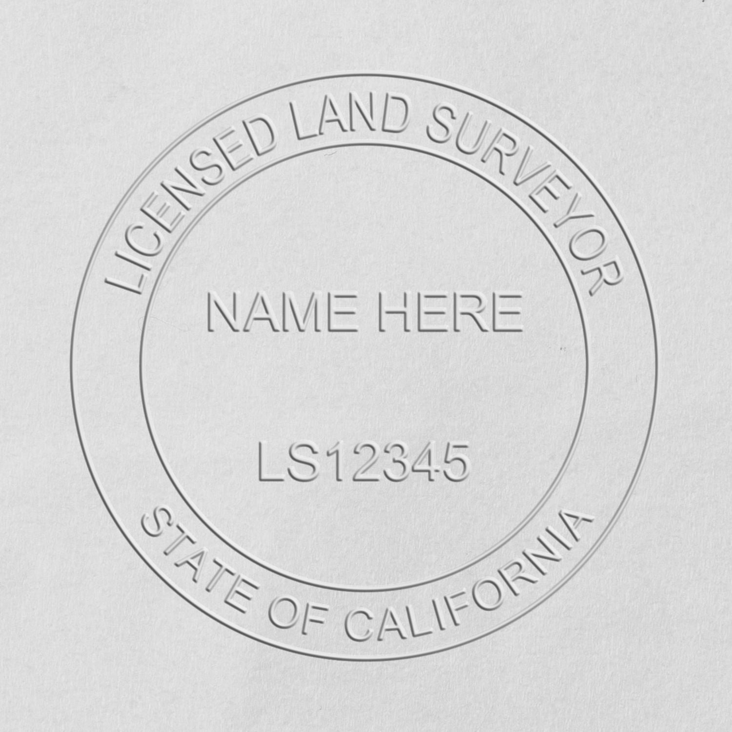 A lifestyle photo showing a stamped image of the State of California Soft Land Surveyor Embossing Seal on a piece of paper