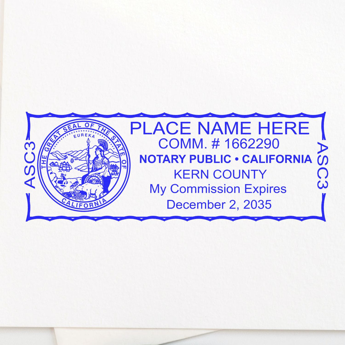 An alternative view of the Super Slim California Notary Public Stamp stamped on a sheet of paper showing the image in use
