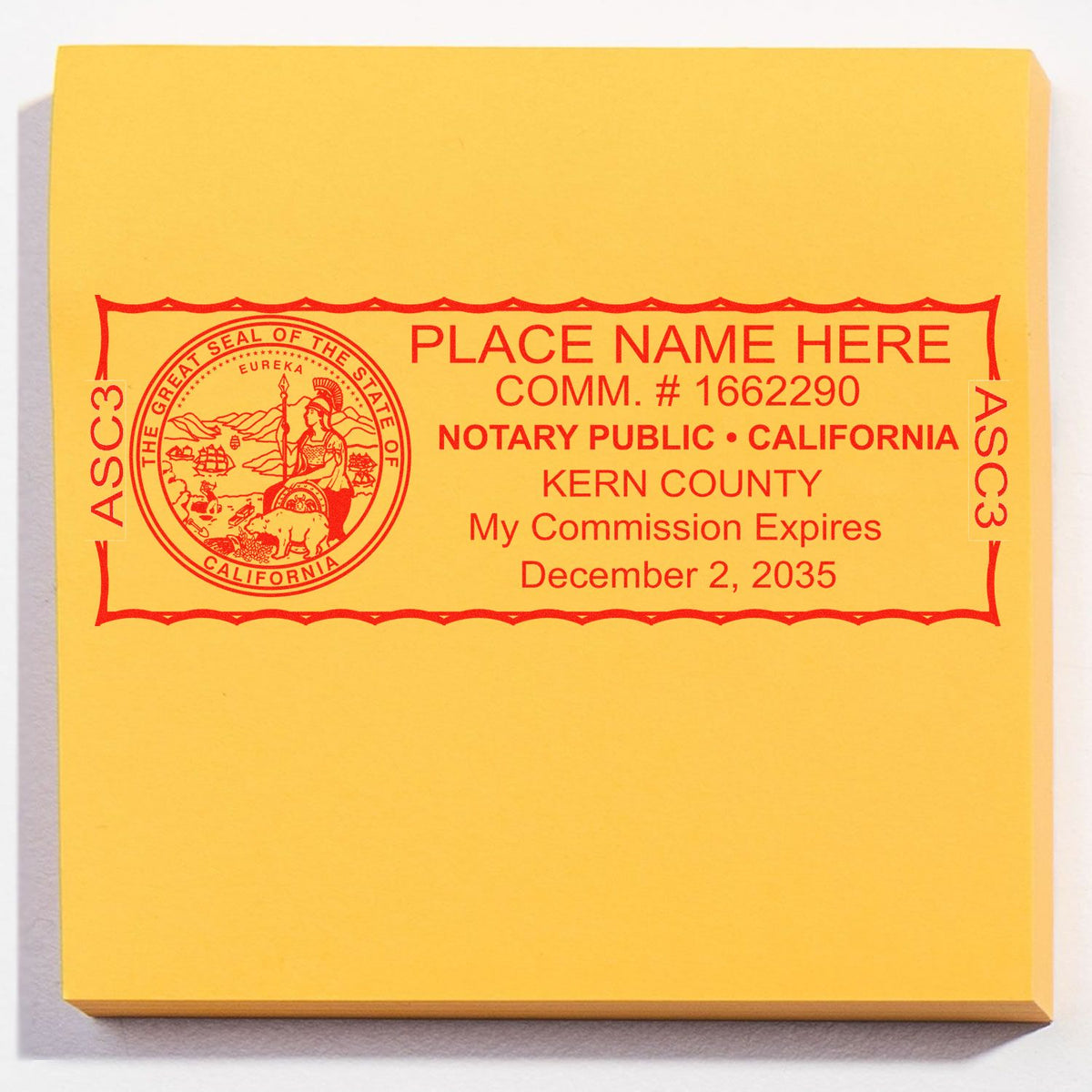 An alternative view of the MaxLight Premium Pre-Inked California State Seal Notarial Stamp stamped on a sheet of paper showing the image in use