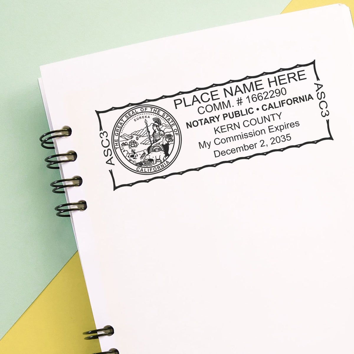 This paper is stamped with a sample imprint of the Super Slim California Notary Public Stamp, signifying its quality and reliability.