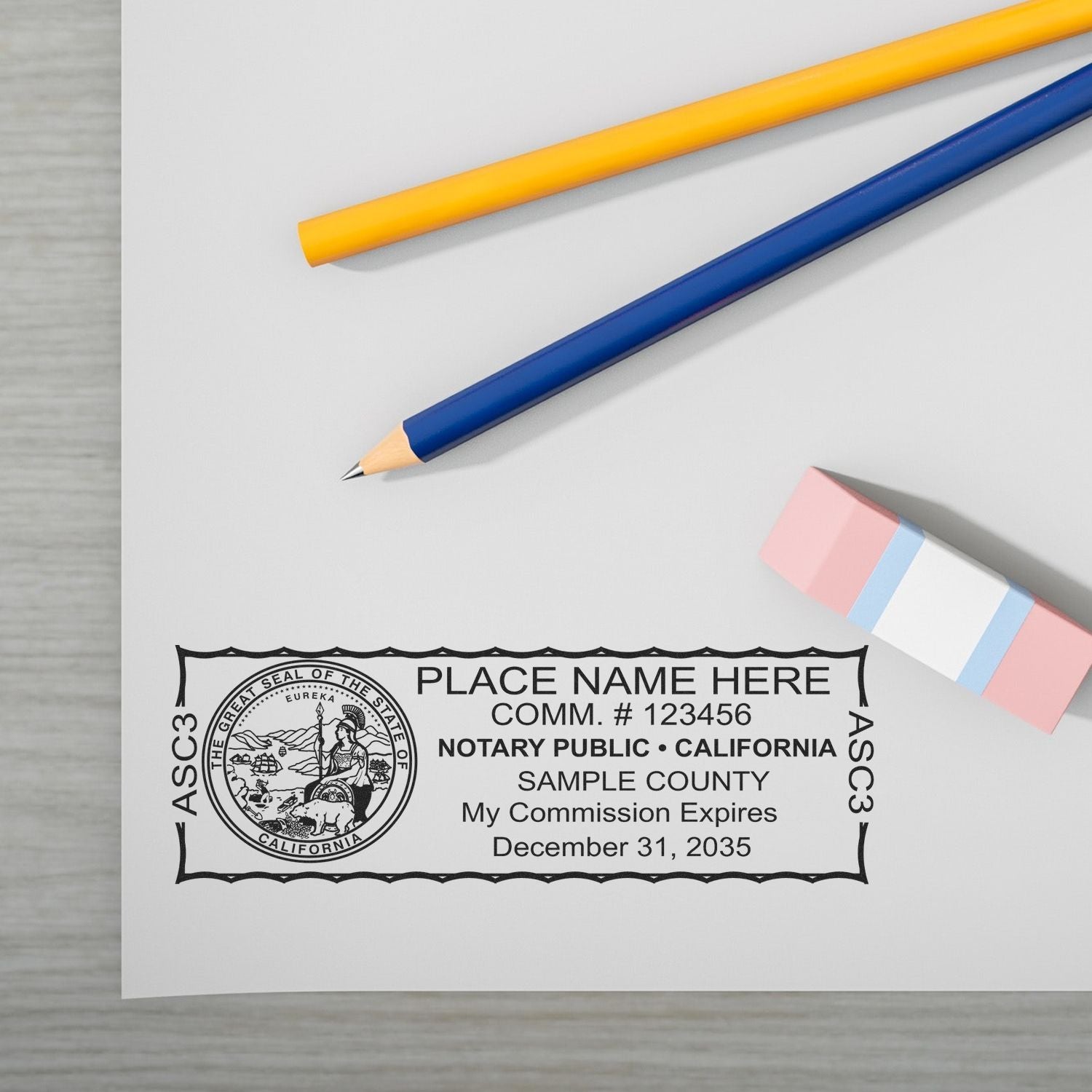 A lifestyle photo showing a stamped image of the MaxLight Premium Pre-Inked California State Seal Notarial Stamp on a piece of paper