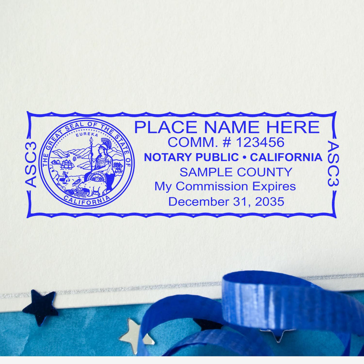 A photograph of the Self-Inking State Seal California Notary Stamp stamp impression reveals a vivid, professional image of the on paper.
