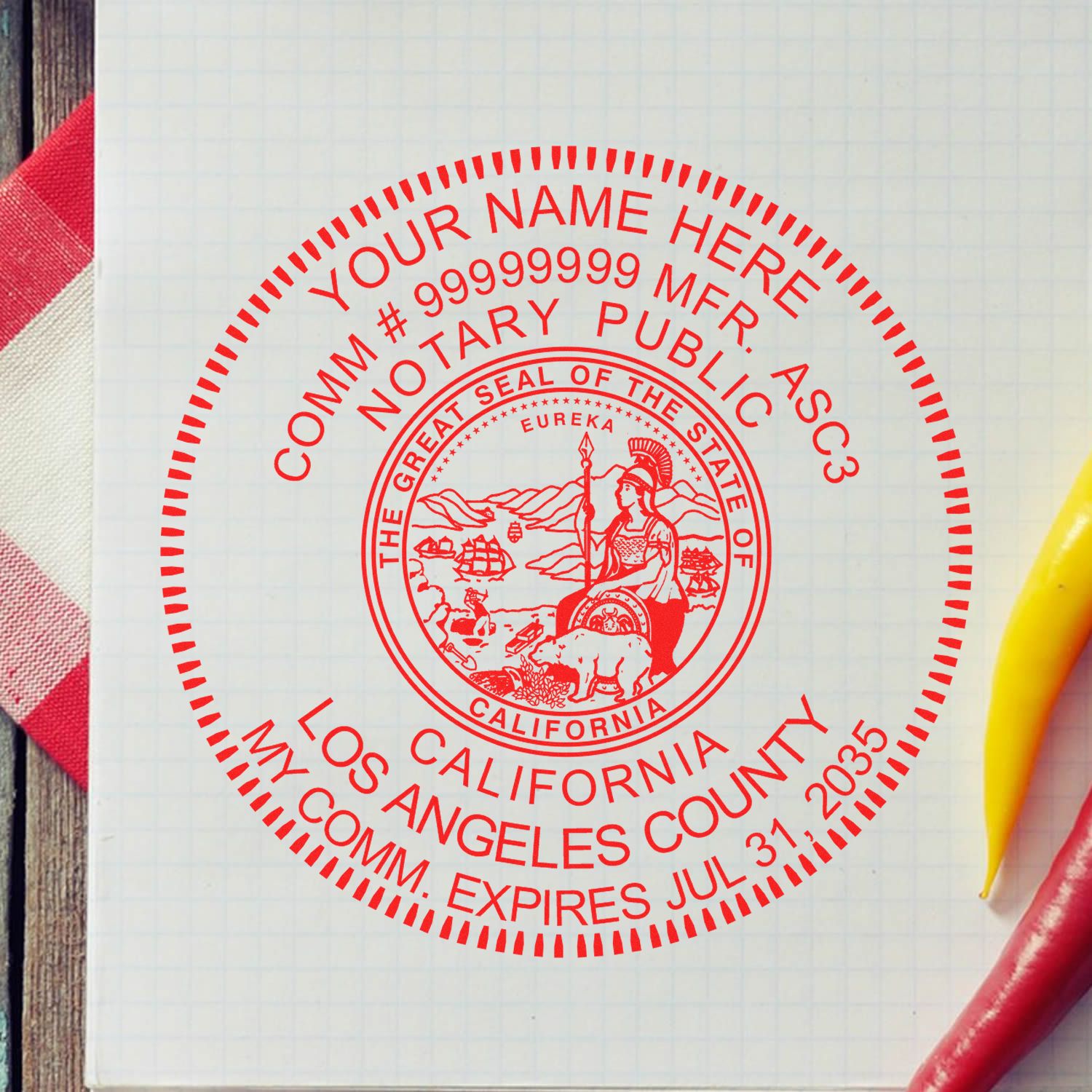 Round California Notary Public Seal Stamp in use photo showing a stamped imprint of the Round California Notary Public Seal Stamp