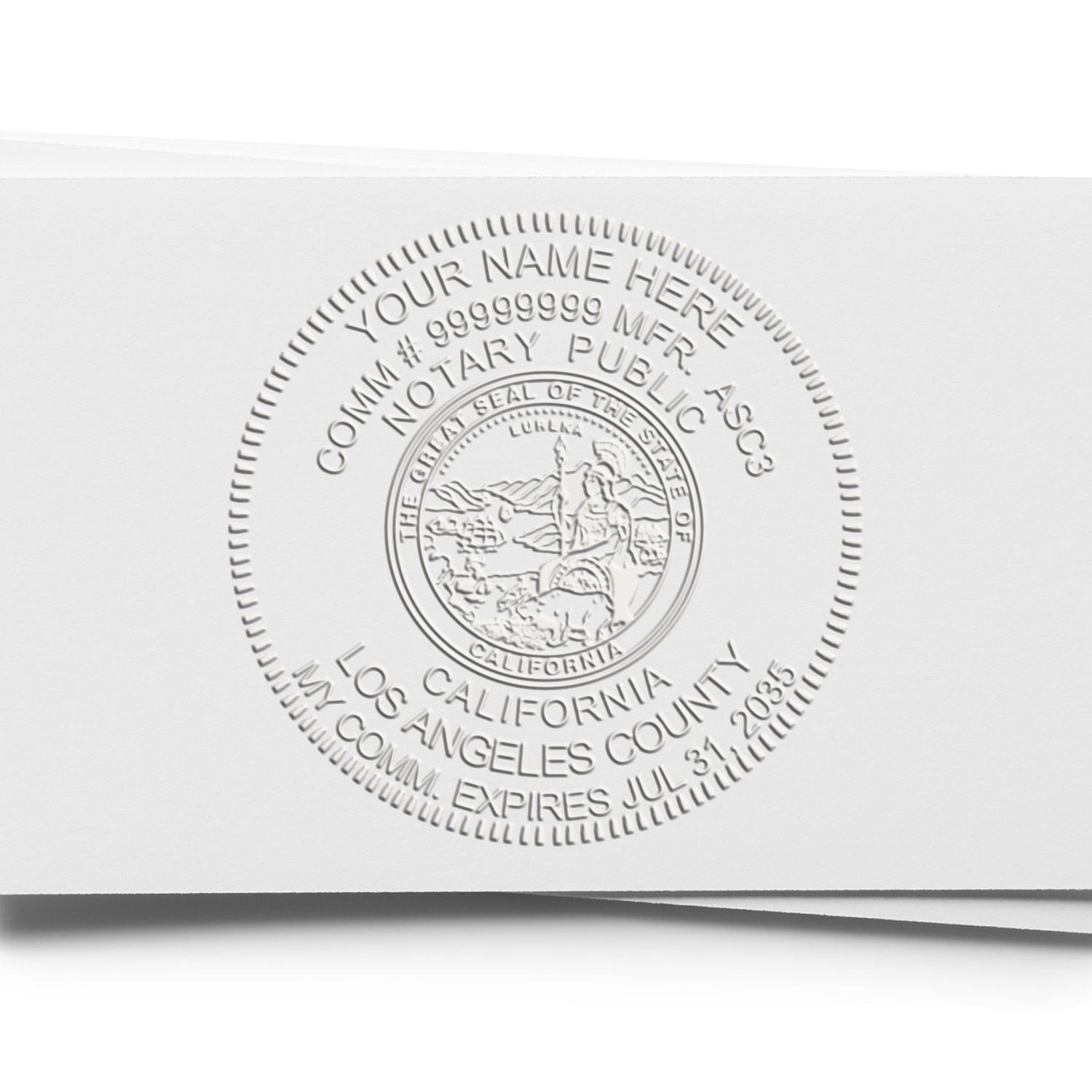 California Handheld Notary Seal Embosser imprint on white paper, displaying detailed notary public seal with customizable text and expiration date.