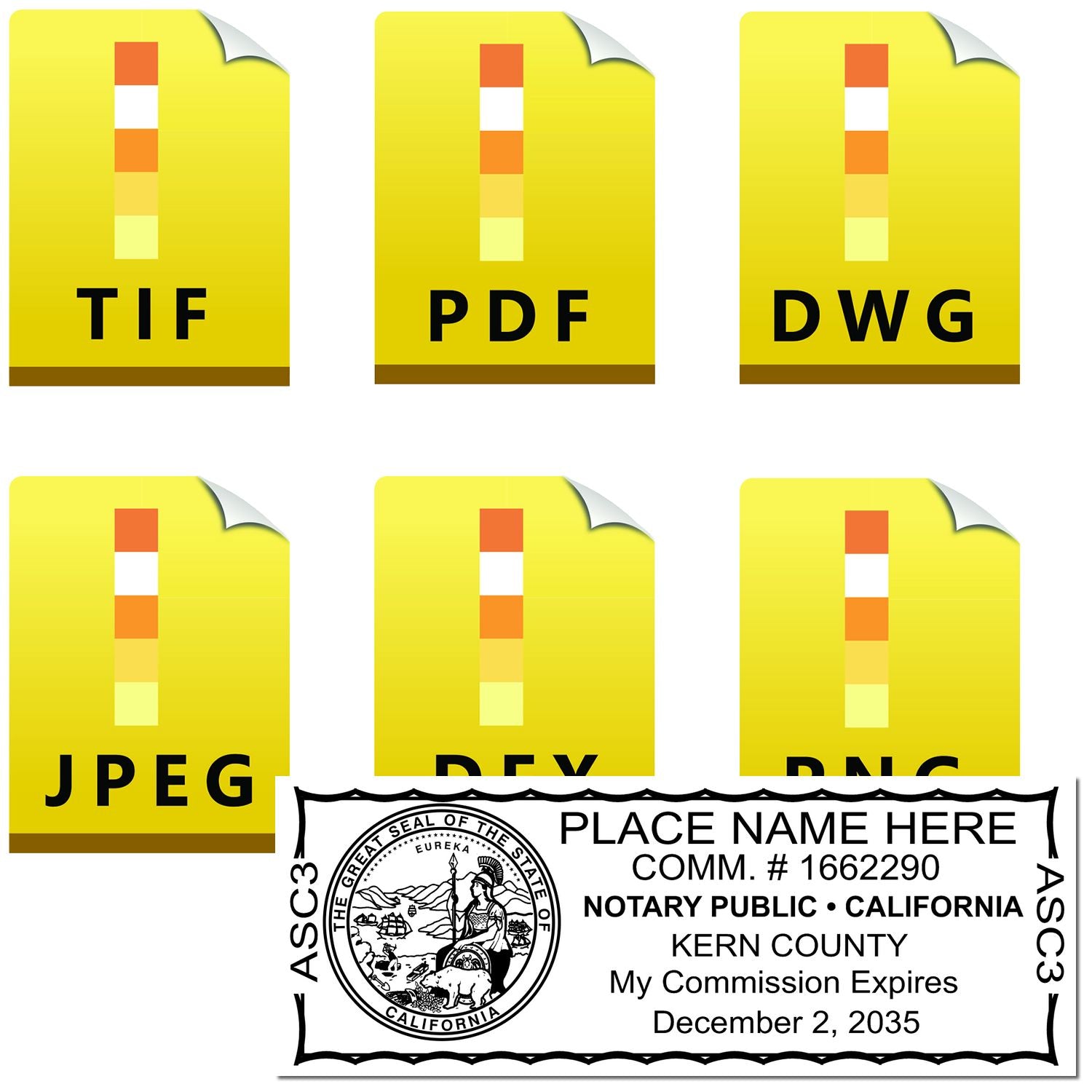 The main image for the California Rectangular Digital Notary Seal depicting a sample of the imprint and electronic files