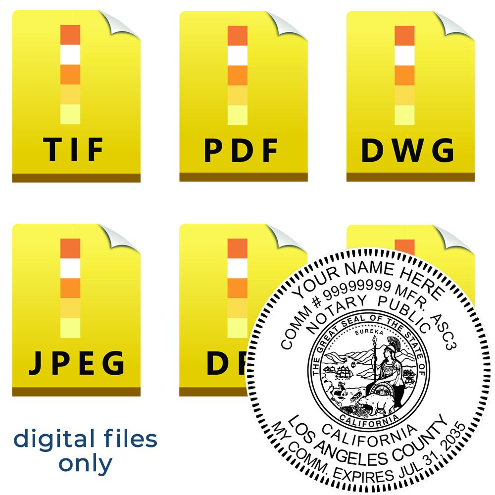 The main image for the California Round Electronic Notary Stamp depicting a sample of the imprint and electronic files