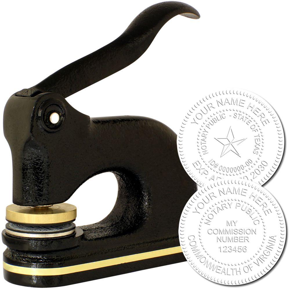 Cast Iron Notary Seal Embosser in black with a gold accent, shown with two embossed notary seals displaying sample text and commission details.