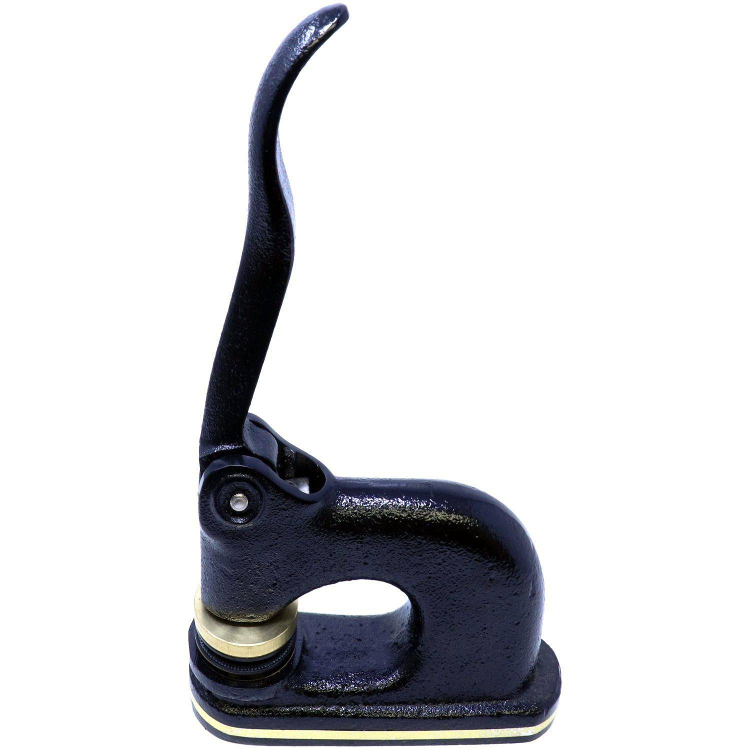 Side view of the Engineering Geologist Cast Iron Desk Seal Embosser, showcasing its sturdy black cast iron construction with a lever handle and a circular base for embossing documents.