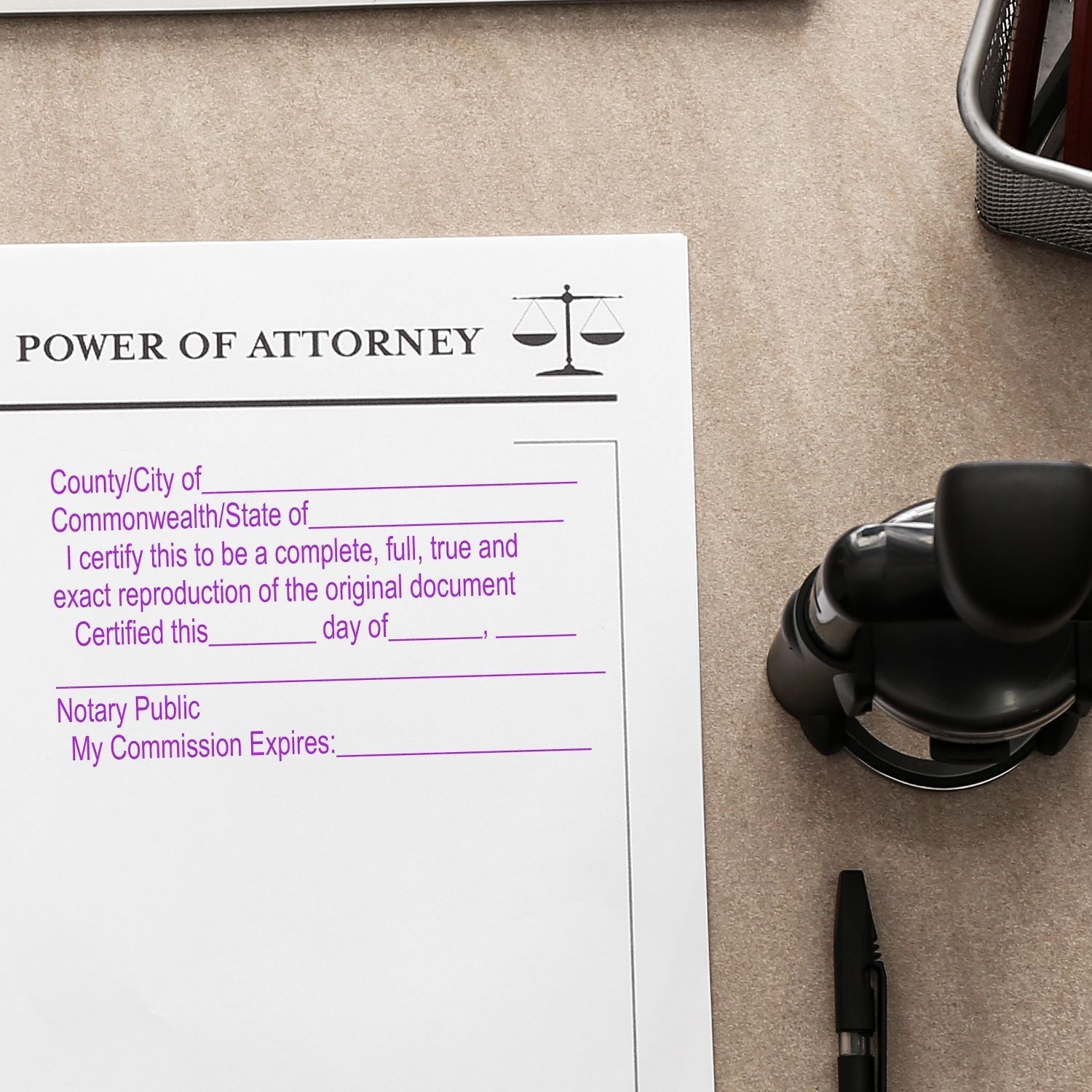 MaxLight Pre-Inked Notary Certified Copy Stamp in use on a Power of Attorney document, with a pen and office supplies nearby.