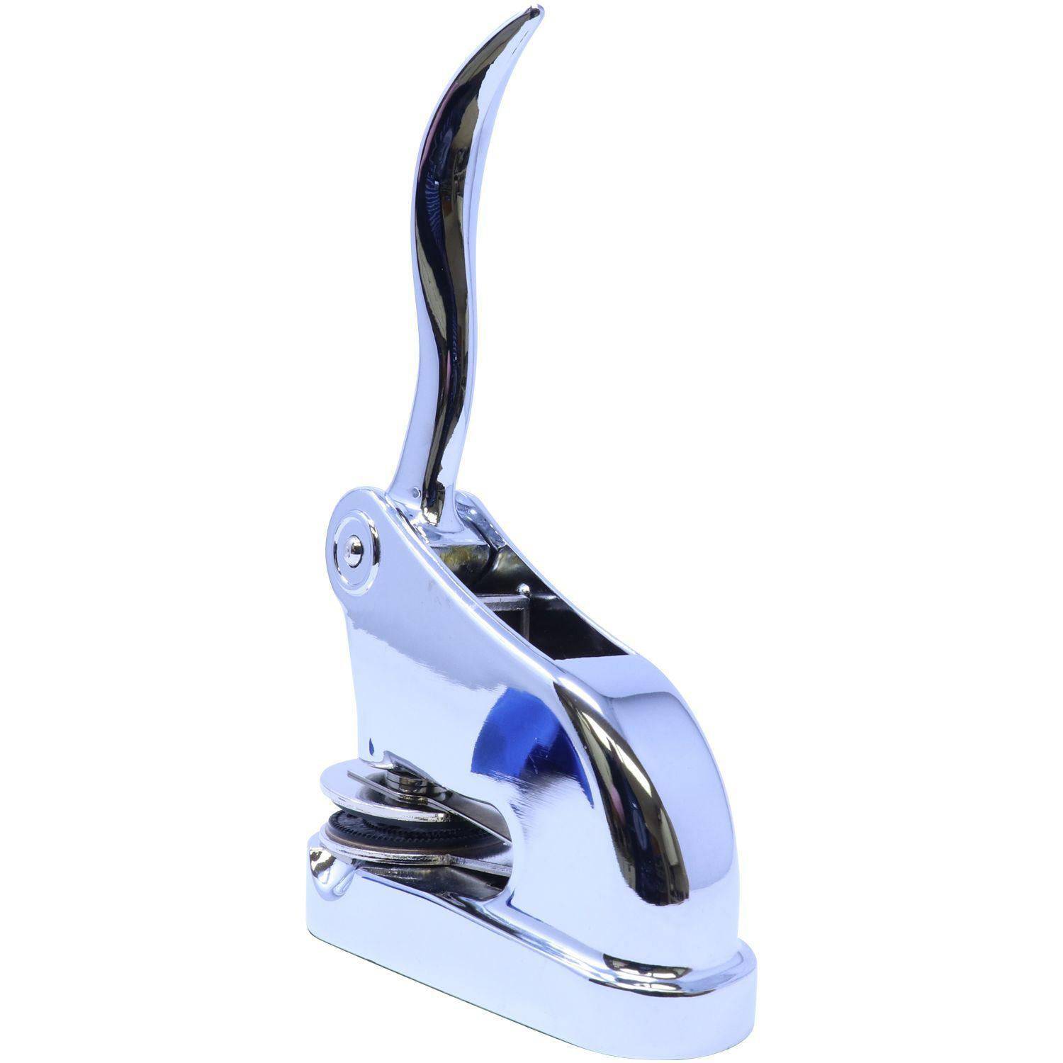 Architect Chrome Gift Seal Embosser with a sleek, polished finish, featuring a lever handle and a compact design, ideal for creating embossed seals on documents and gifts.