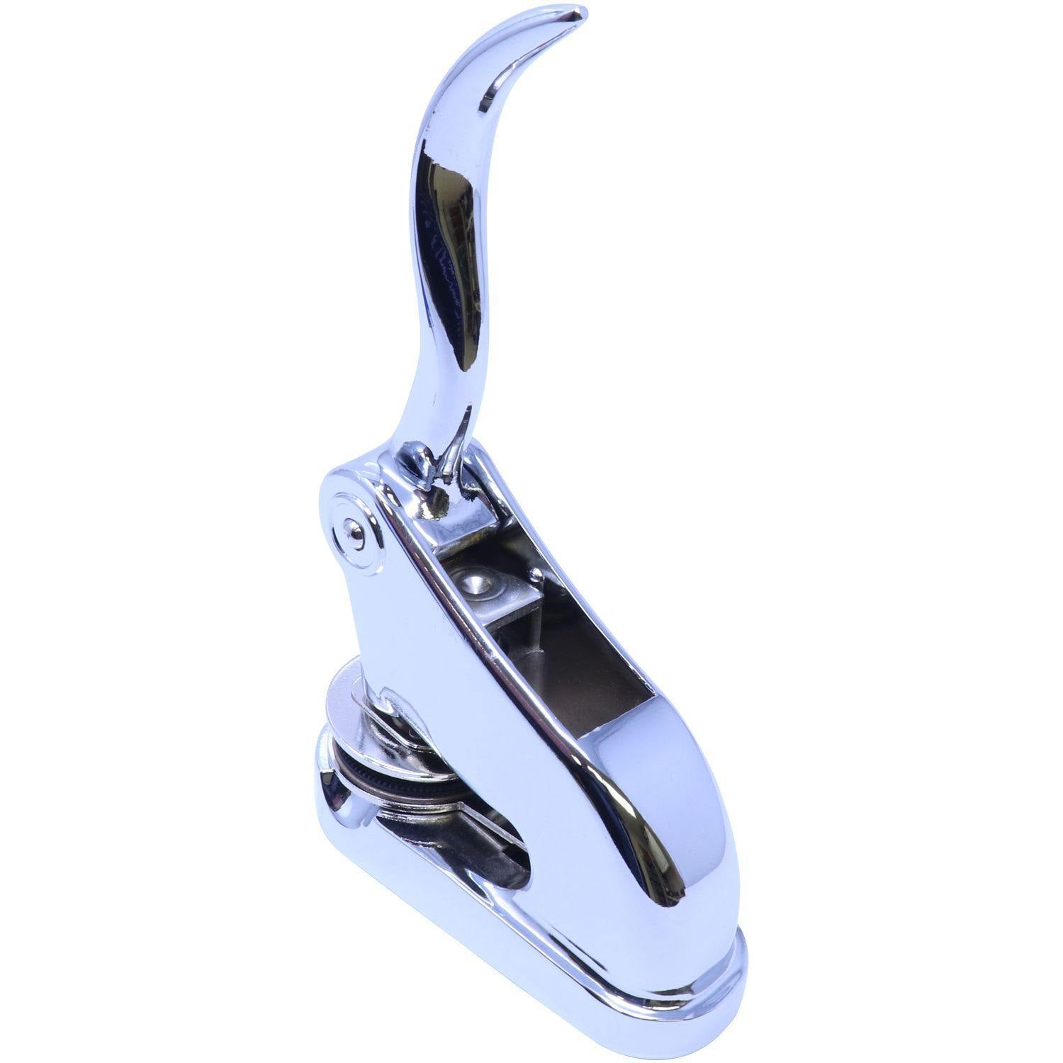 Public Weighmaster Chrome Gift Seal Embosser with a sleek, polished finish, angled back view, showing the lever and embossing mechanism.