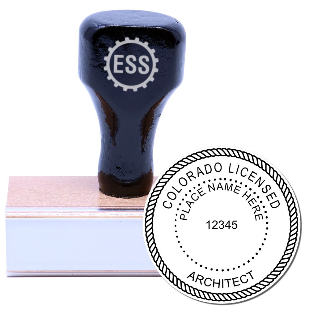 Wooden handle rubber stamp with Colorado Architect Seal Stamp design, featuring a circular seal with customizable text and license number.