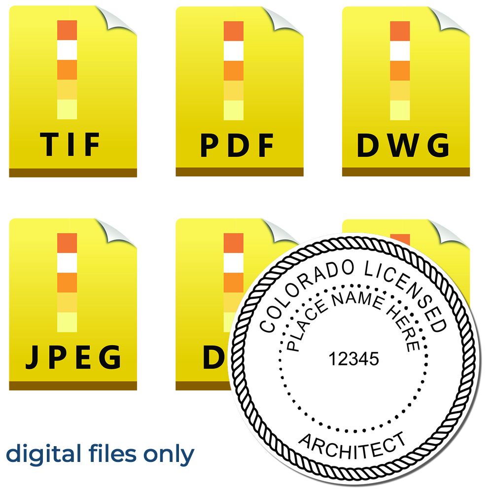 Digital Colorado Architect Stamp, Electronic Seal for Colorado Architect, shown in various file formats including TIF, PDF, DWG, JPEG, and DXF.