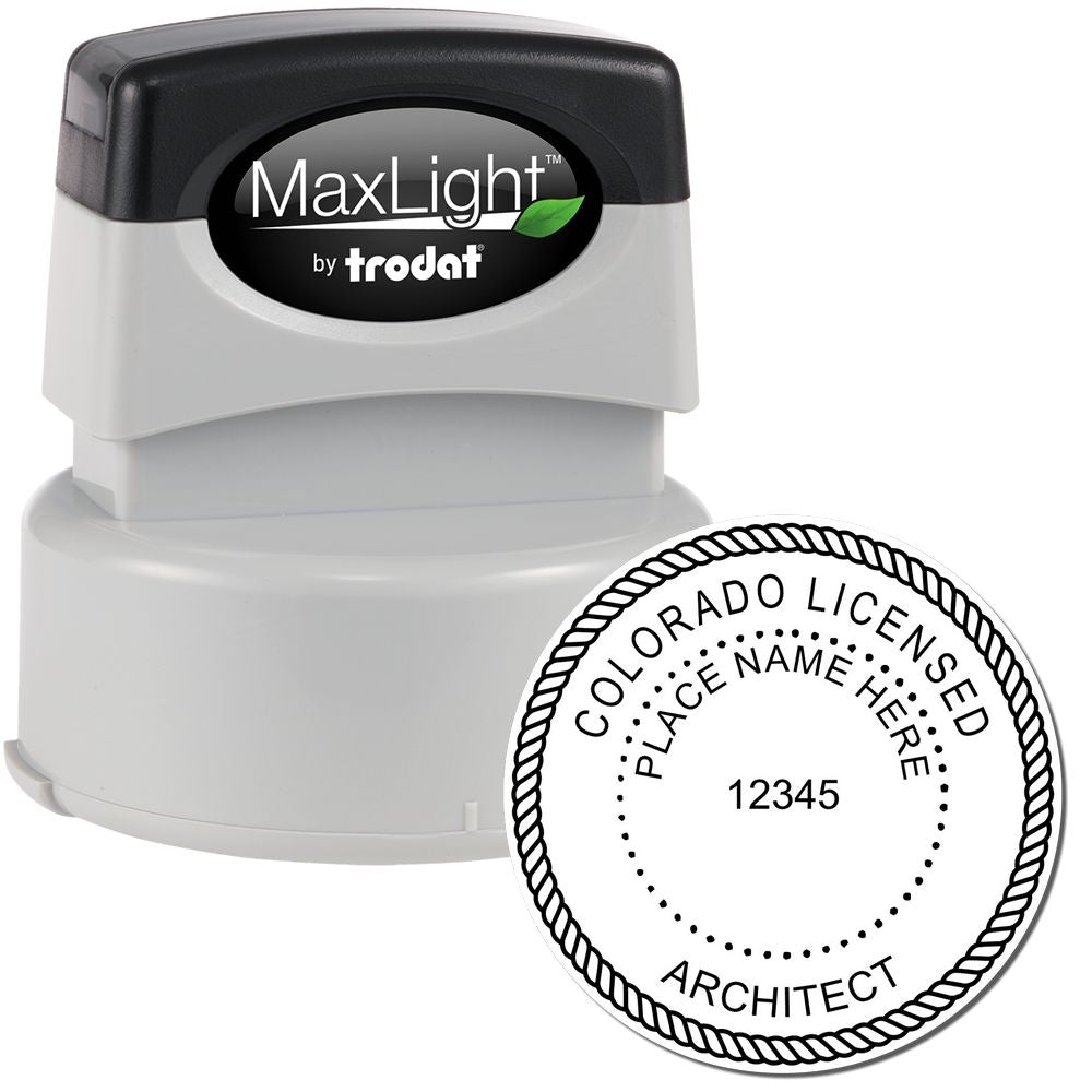 Premium MaxLight Pre-Inked Colorado Architectural Stamp with a black and gray design, showing a sample imprint for licensed architects.