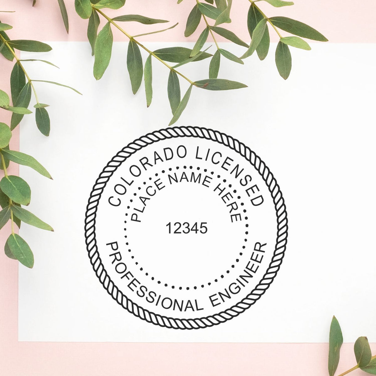 A stamped impression of the Slim Pre-Inked Colorado Professional Engineer Seal Stamp in this stylish lifestyle photo, setting the tone for a unique and personalized product.