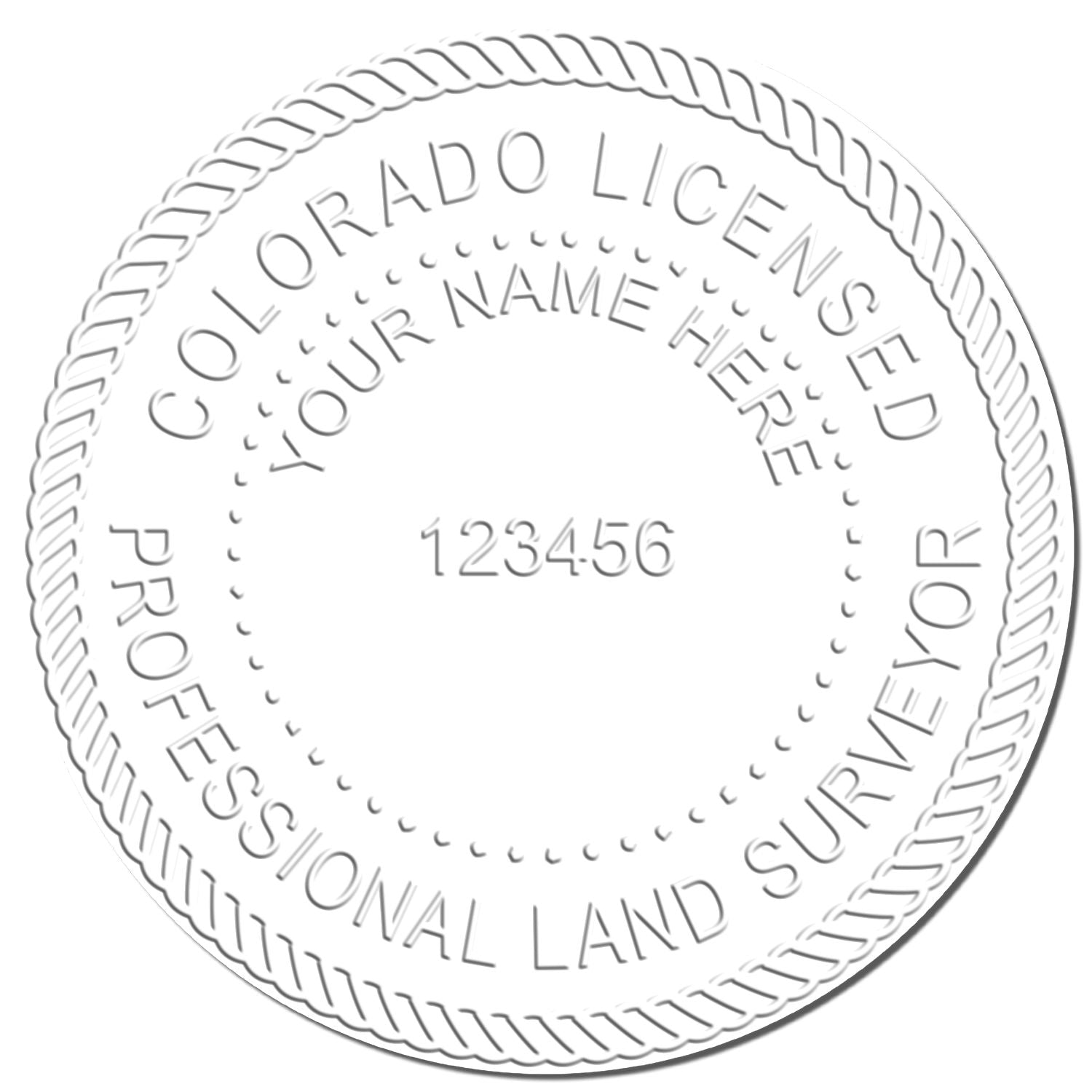 The main image for the Long Reach Colorado Land Surveyor Seal depicting a sample of the imprint and electronic files
