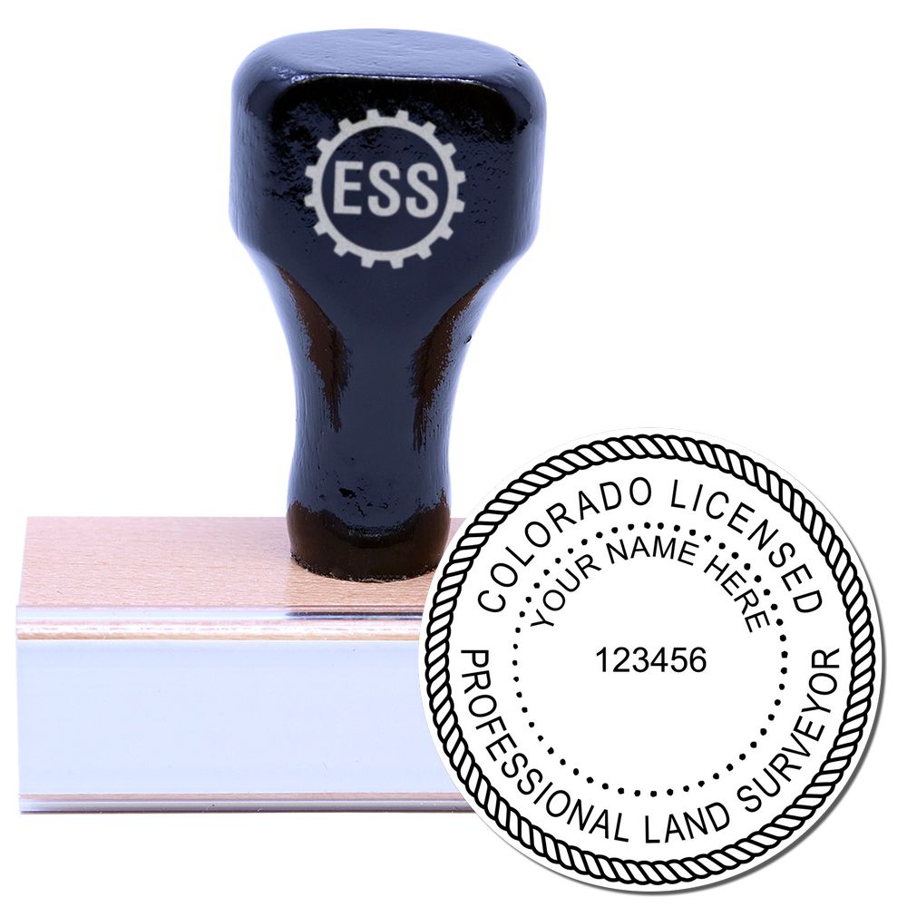 Image of Colorado Land Surveyor Seal Stamp, CO PLS Stamp, featuring a wooden handle stamp and an example of the seal imprint.