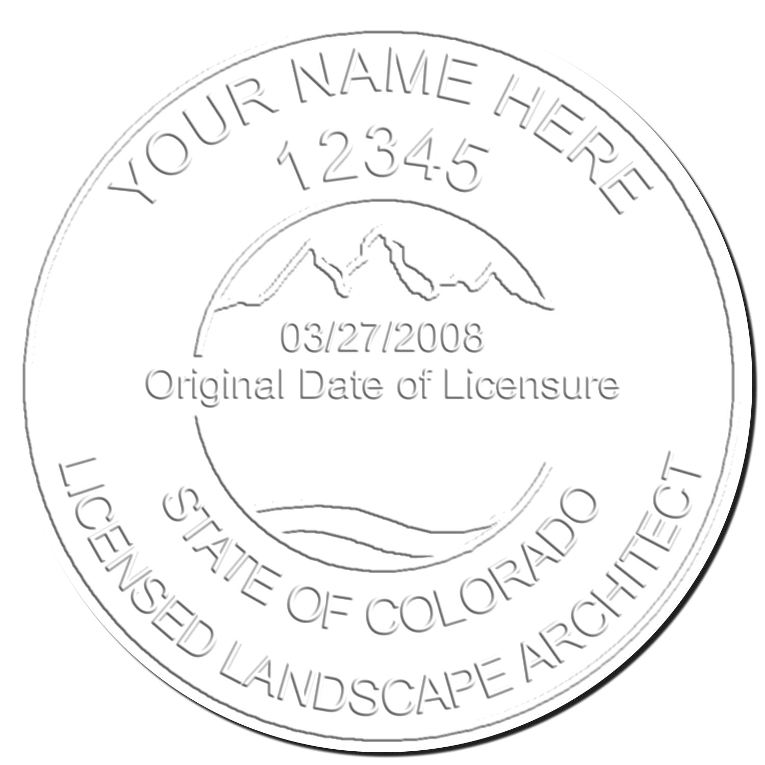 This paper is stamped with a sample imprint of the Colorado Desk Landscape Architectural Seal Embosser, signifying its quality and reliability.