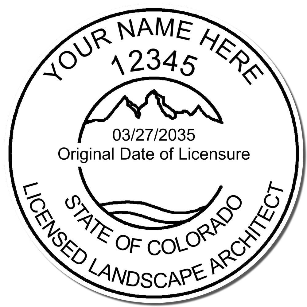 A lifestyle photo showing a stamped image of the Slim Pre-Inked Colorado Landscape Architect Seal Stamp on a piece of paper