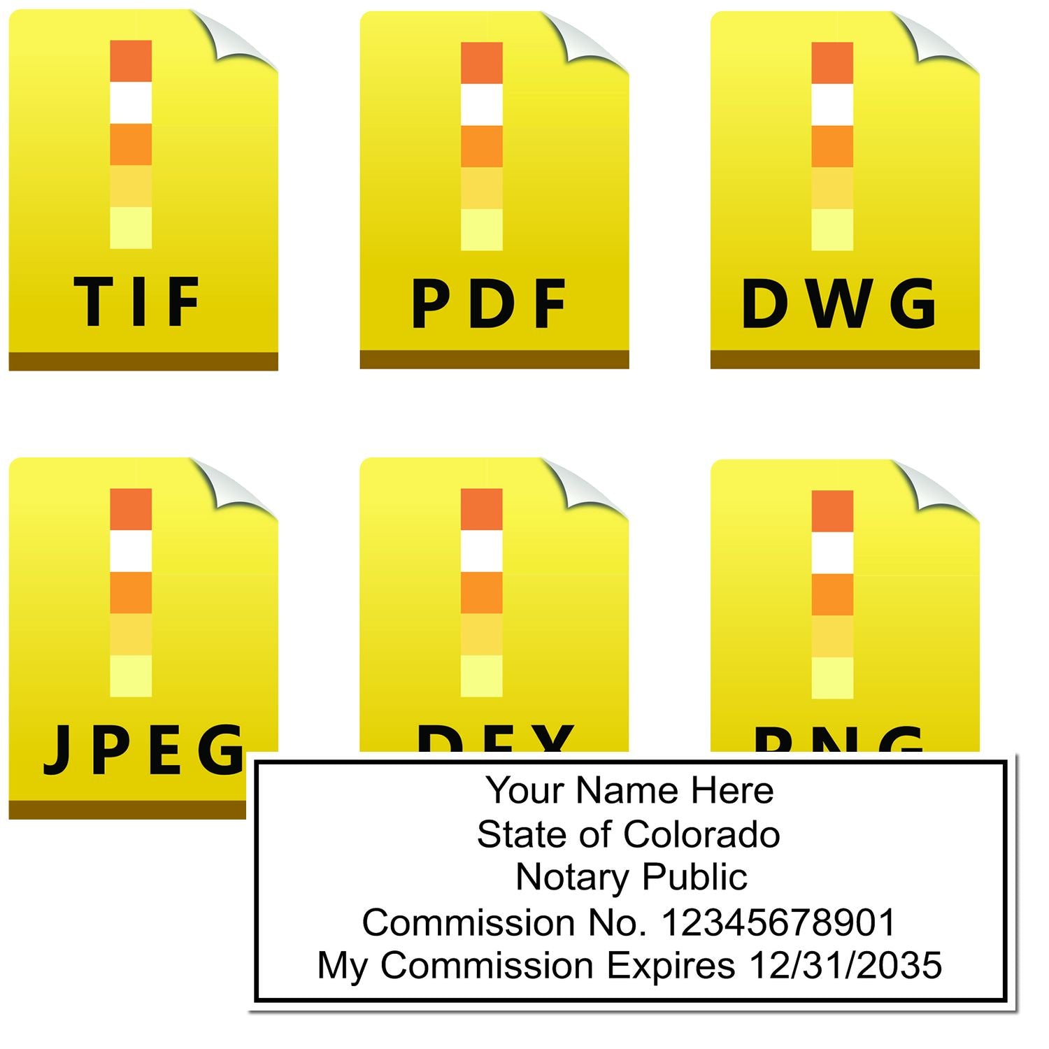 The main image for the Colorado Rectangular Digital Notary Seal depicting a sample of the imprint and electronic files