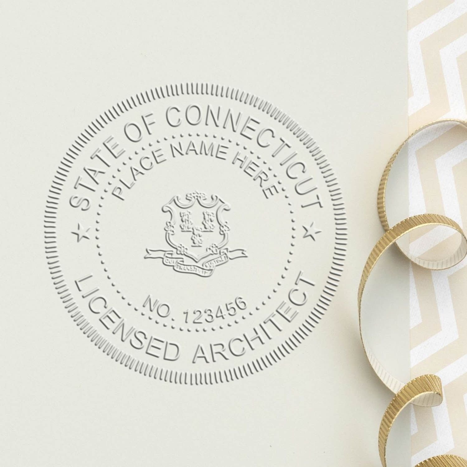 The main image for the Connecticut Desk Architect Embossing Seal depicting a sample of the imprint and electronic files