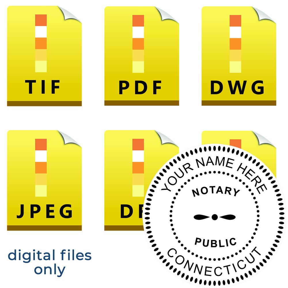 The main image for the Connecticut Round Electronic Notary Stamp depicting a sample of the imprint and electronic files