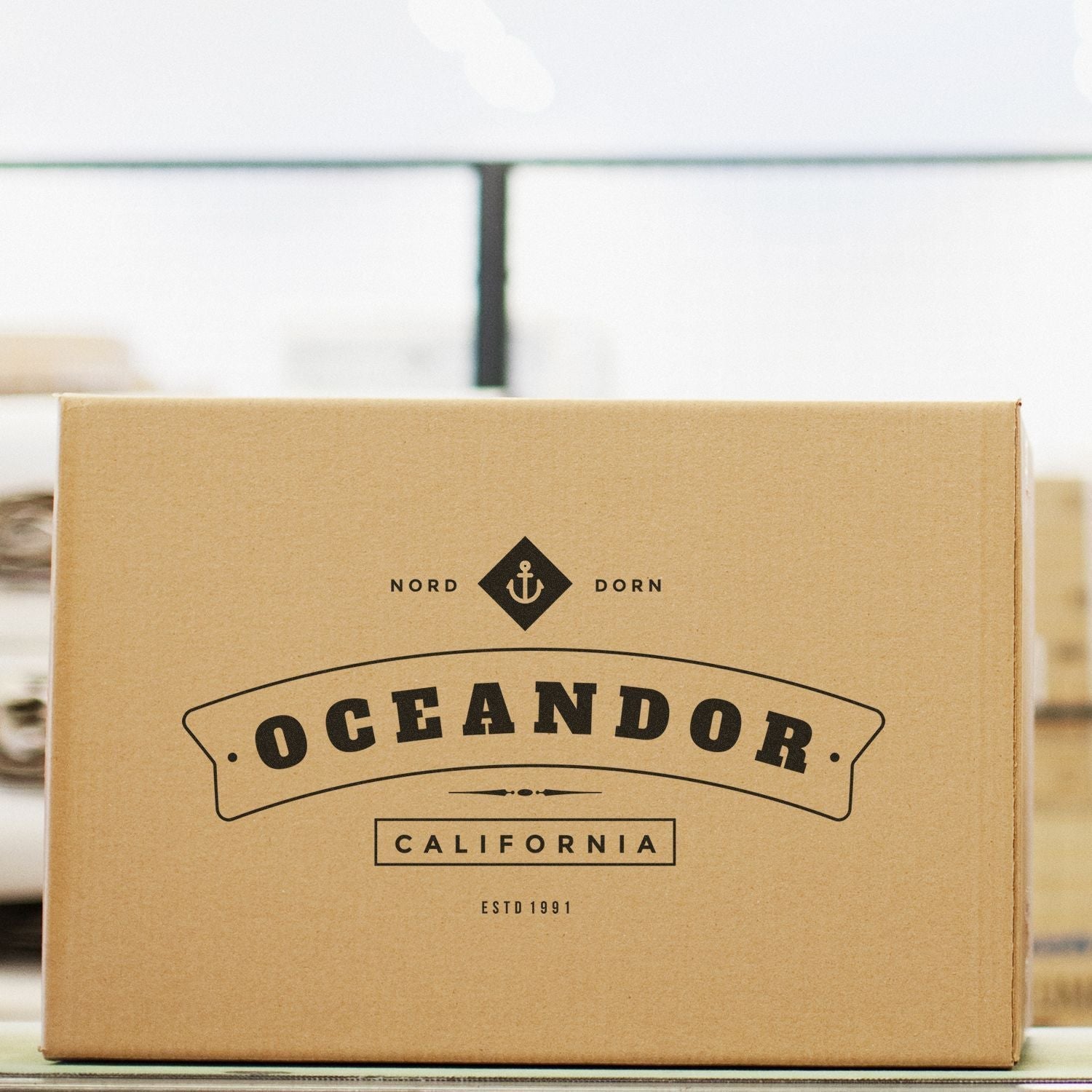 Cardboard box stamped with Oceandor California using Custom Rubber Stamp Size 4 x 9, placed on a table in a warehouse setting.