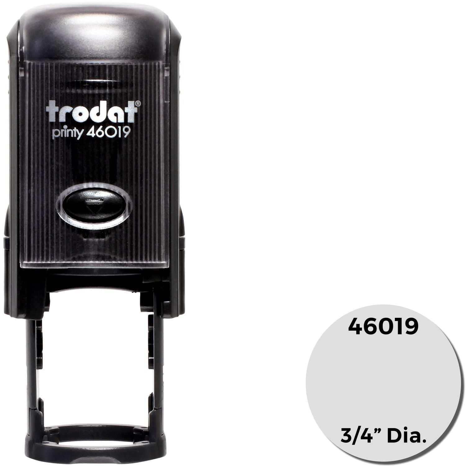 Custom Self Inking Stamp Trodat 46019, 3/4 diameter, black casing, shown with product name and size details.