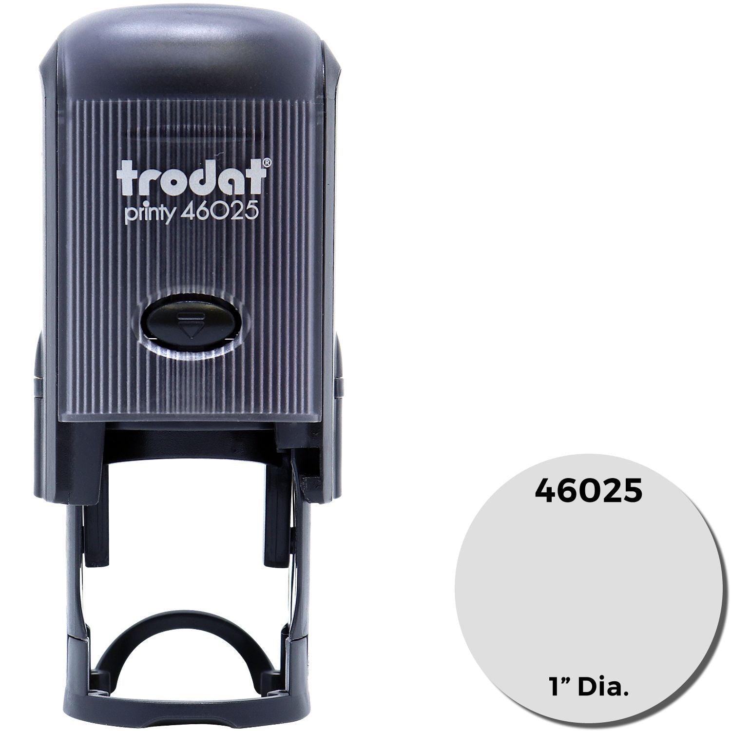 Custom Self Inking Stamp Trodat 46025, 1 diameter, black casing with a ribbed texture and a clear imprint area.